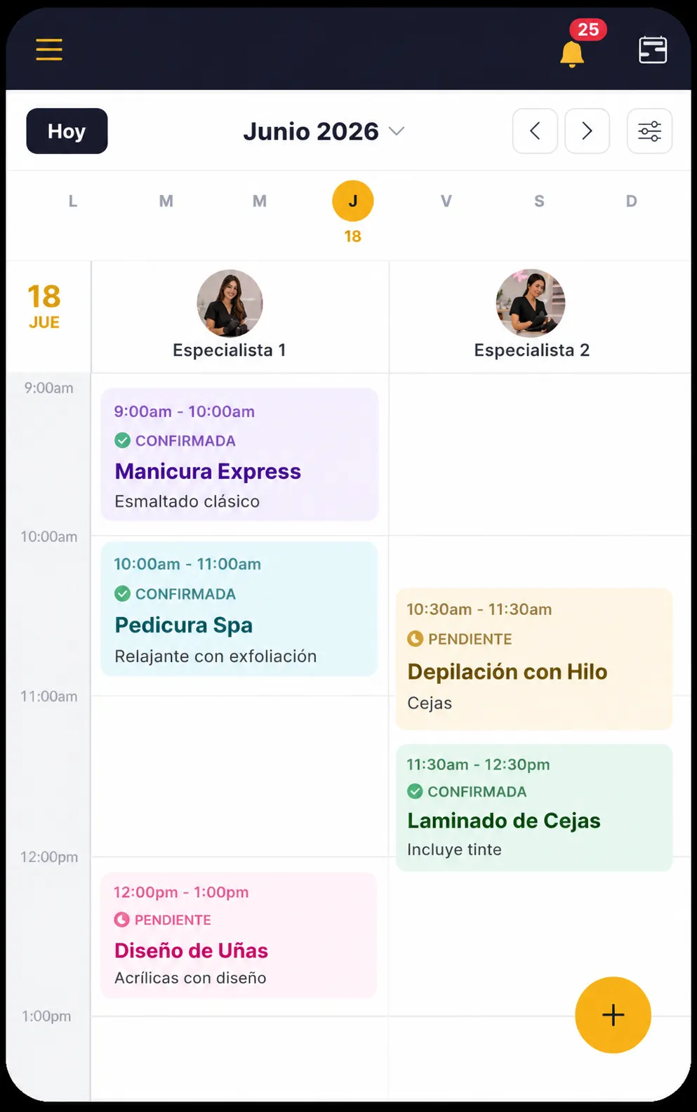 Agenda de Breviis: citas del día por especialista, con estado confirmado o pendiente